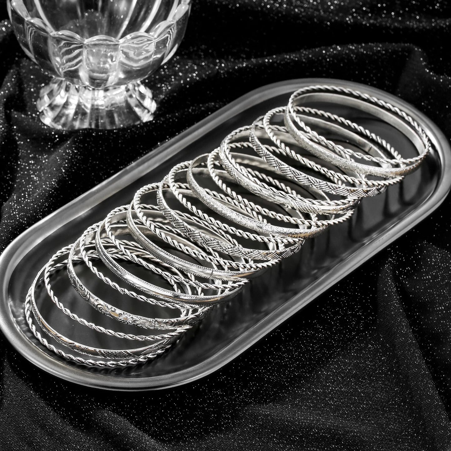 AYWFCBF Silver Bangles Bracelets for Women, 19 Pcs Boho Stackable Indian Bangles Multi Layer Textured Chunky Bracelets Jewelry Set for Women