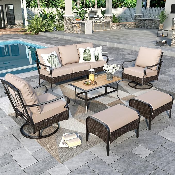 Sophia & William Patio Furniture Set, Outdoor Metal Conversation Set 7 Seats with 3-Seater Sofa, 2 Swivel Chairs, 2 Ottoman, 1 Coffee Table for Seating Lawn Porch Backyard,Beige