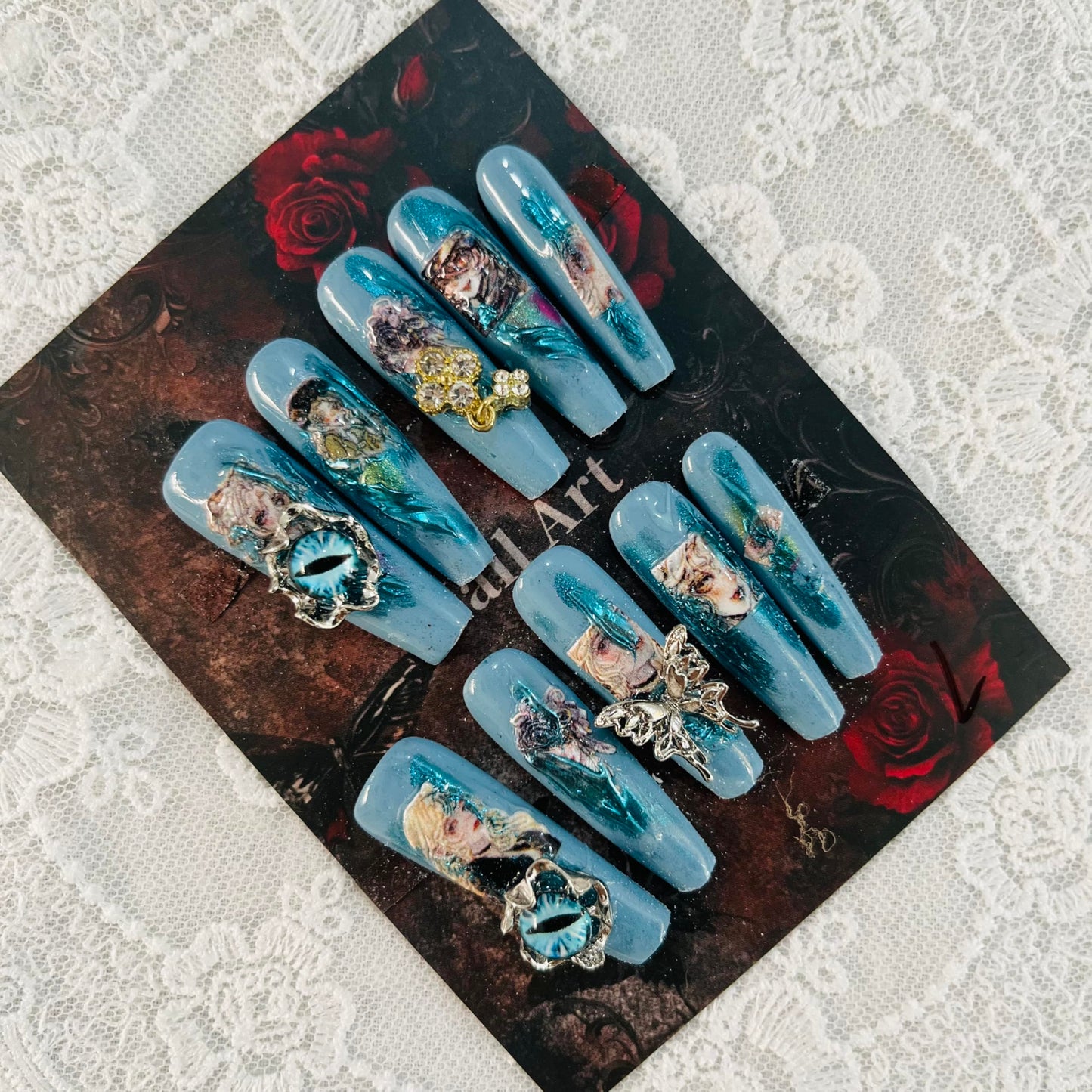 Press on Nails Handmade Nails 10Pcs Dark Gothic Style Manual Press on Nails Blue Sculpture Fake Nails for Women Party Holiday Photo 4.0CM Size S