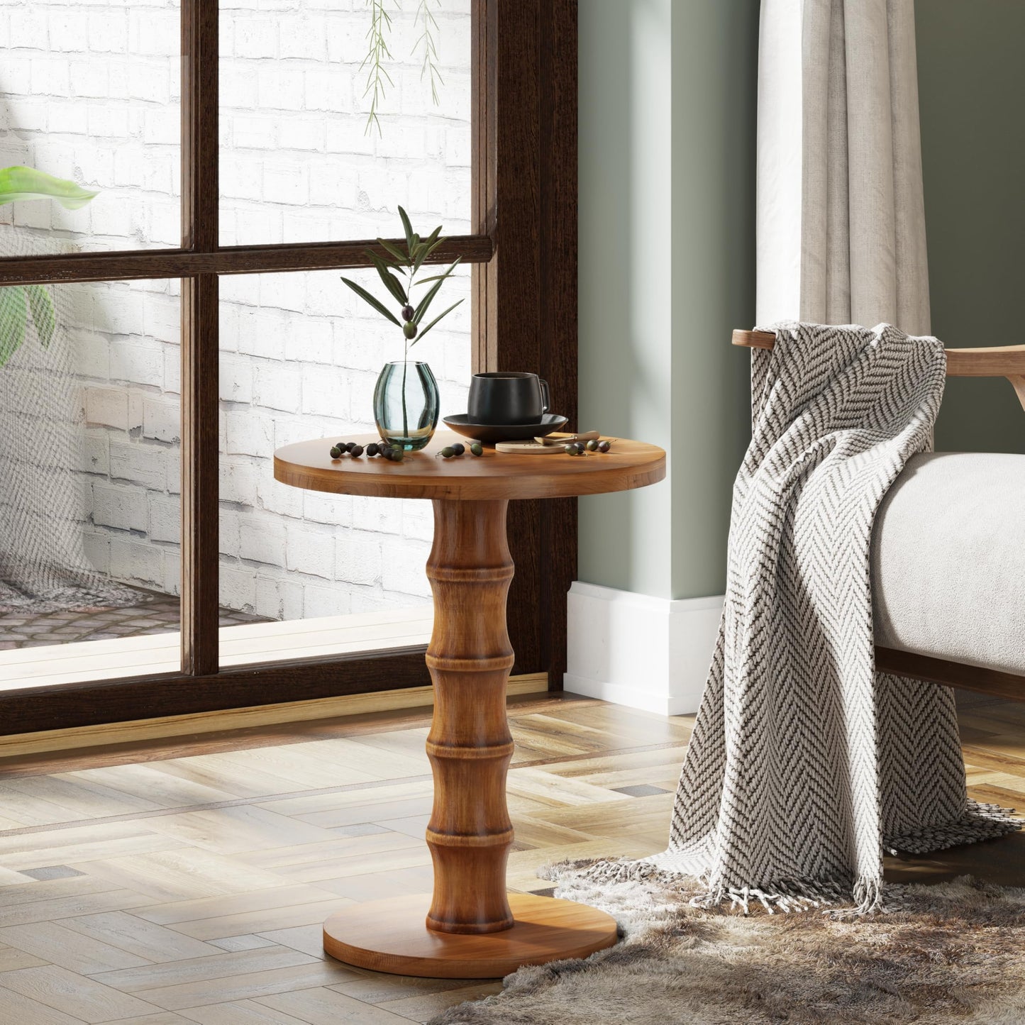 COZAYH Solid Cedar Pedestal End Table with Turned Wood Base, Round Wooden Side Table, Small Space Accent Table for Living Room or Entryway, Warm Natural