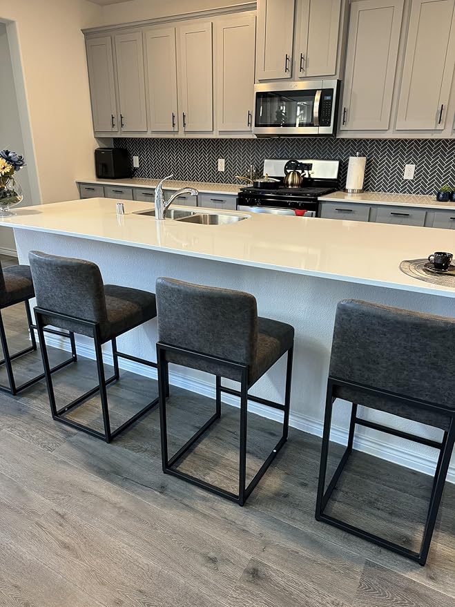PHI VILLA Bar Stools Set of 3 - Counter Height Bar Stool Leather Stools for Kitchen Counter, Grey Bar Stools with Back