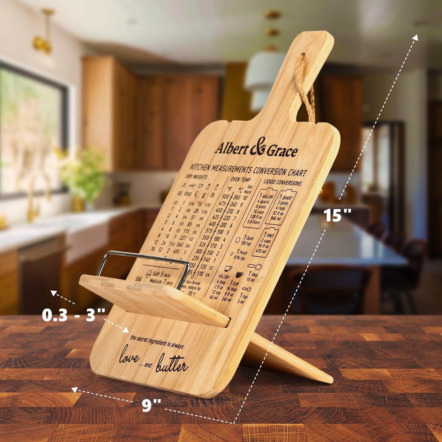Albert&Grace Adjustable Bamboo Cookbook Stand with Conversion Chart – Recipe Book Holder for Kitchen Counter, Large Wooden Stand for Cookbooks, Tablets, & iPads