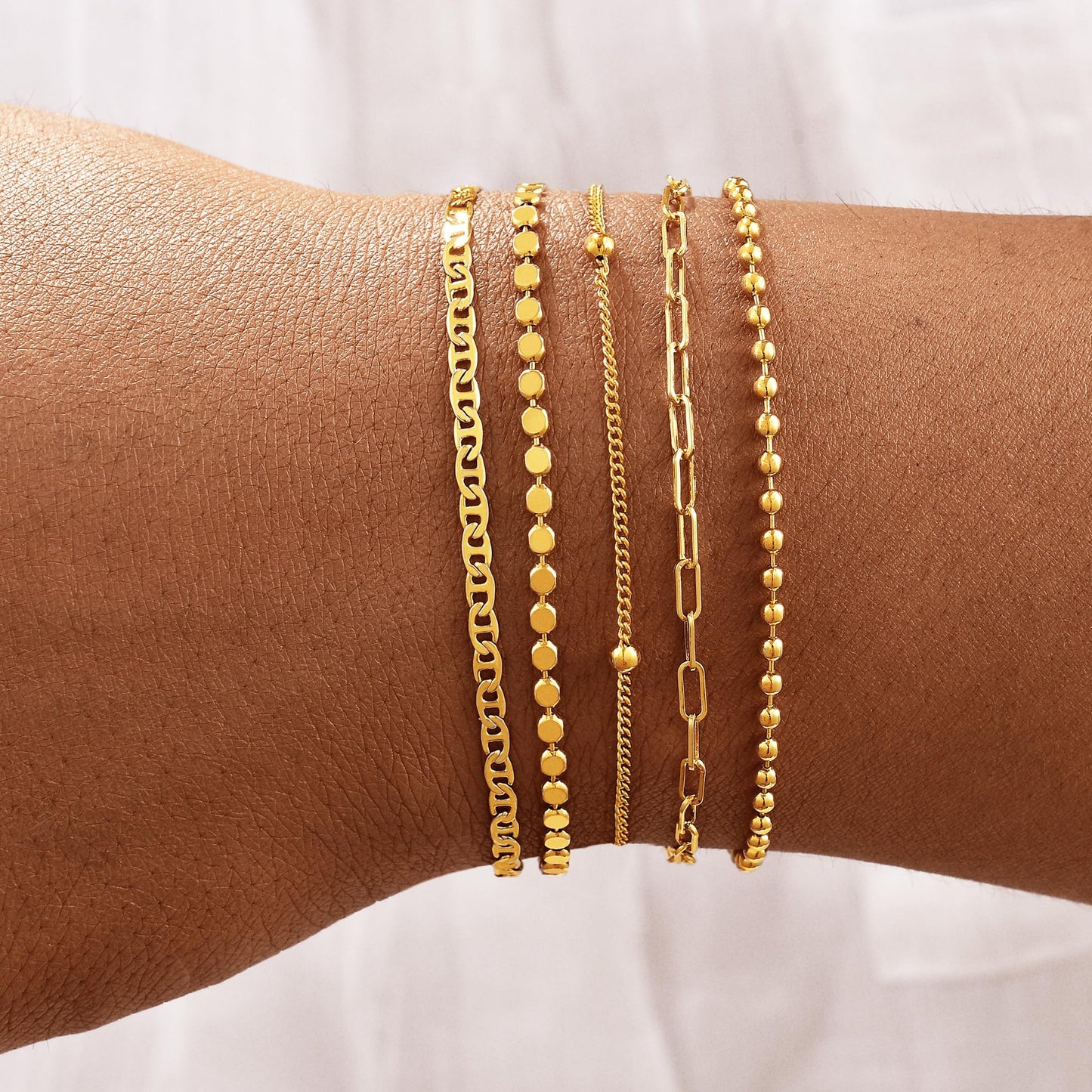 Striviio Gold Bracelets for Women, 14K Gold Plated Stackable Bracelet Stack Set Adjustable Charm Small Square Chain Snake Link Layered Waterproof Jewelry Sets Gifts