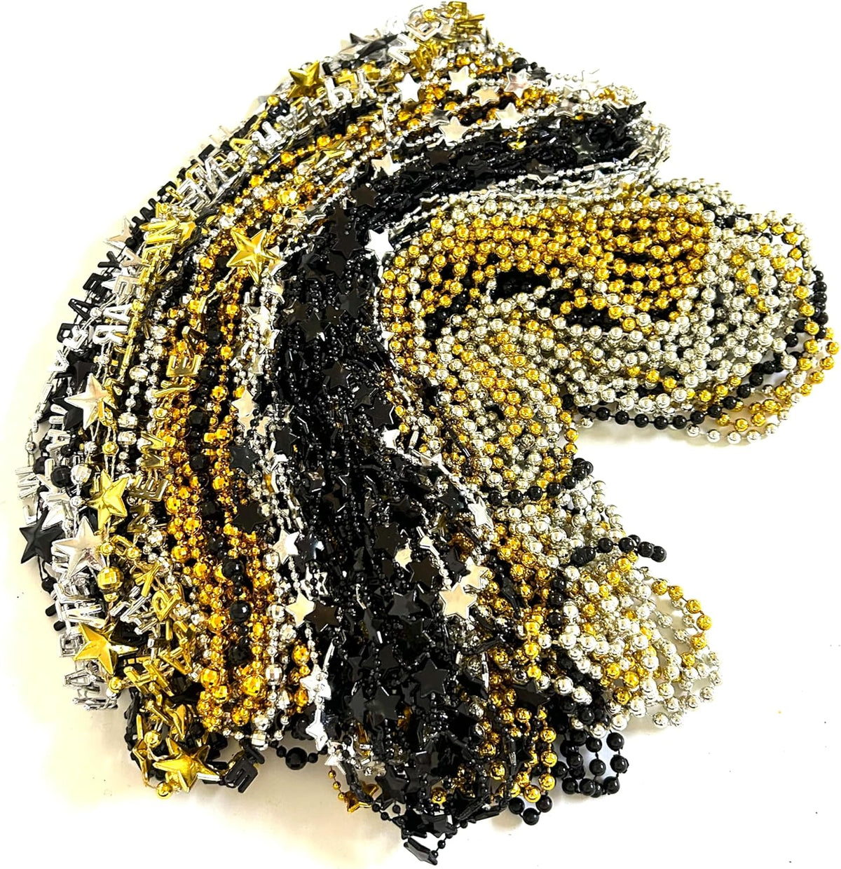 81 Pcs Happy New Year Beads Necklaces - Black, Gold, Silver - New Year Eve Bulk Accessories & Decorations