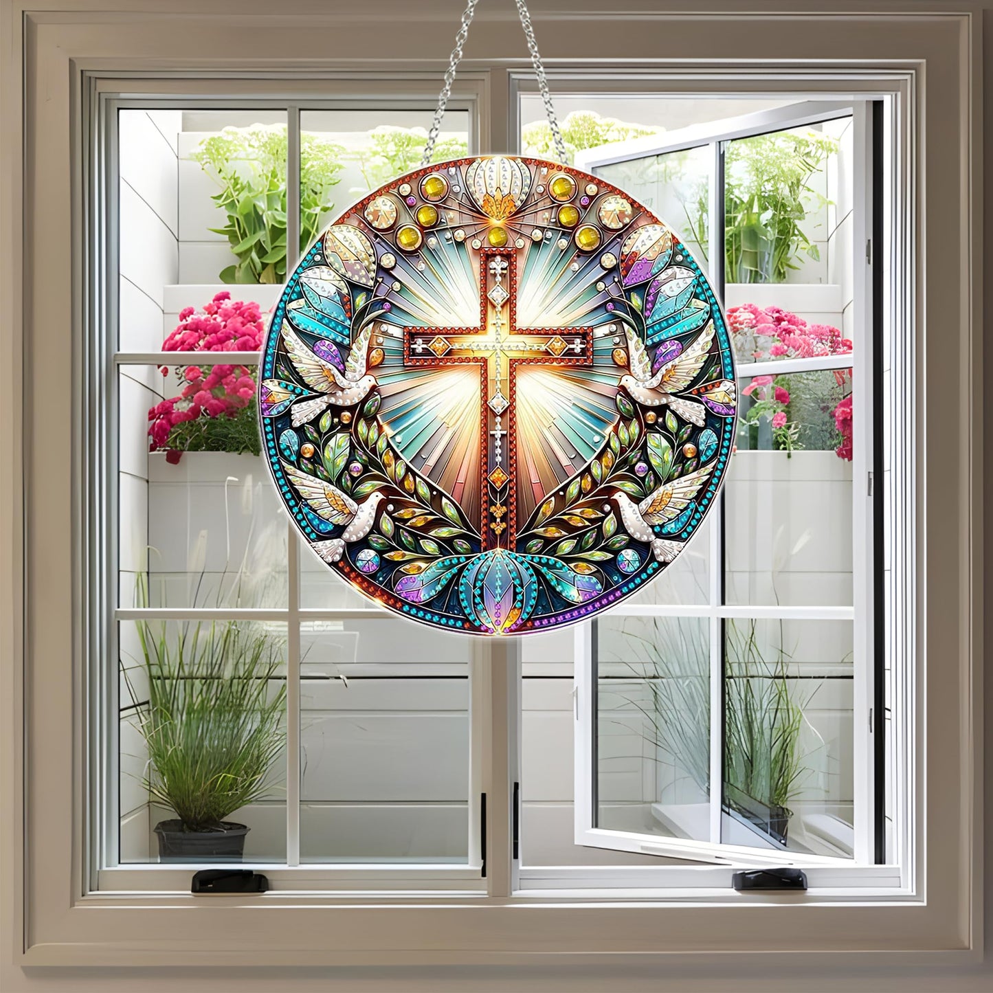 DIY Diamond Art Painting Wreath Kits，Special Shaped Rhinestone Hanging Ornament Diamond Art Acrylic Window Pendants for Gift Home Garden Wall Hanging Kits(Cross-1)