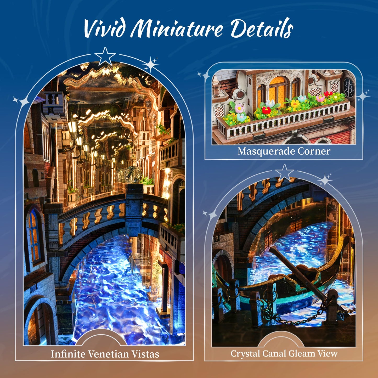 FUNPOLA Venice Night Starlit Book Nook Kit – LED 3D Wood Puzzle with Infinity Mirror – DIY Bookshelf Decor, Miniature Craft Gift for Kids and Adults