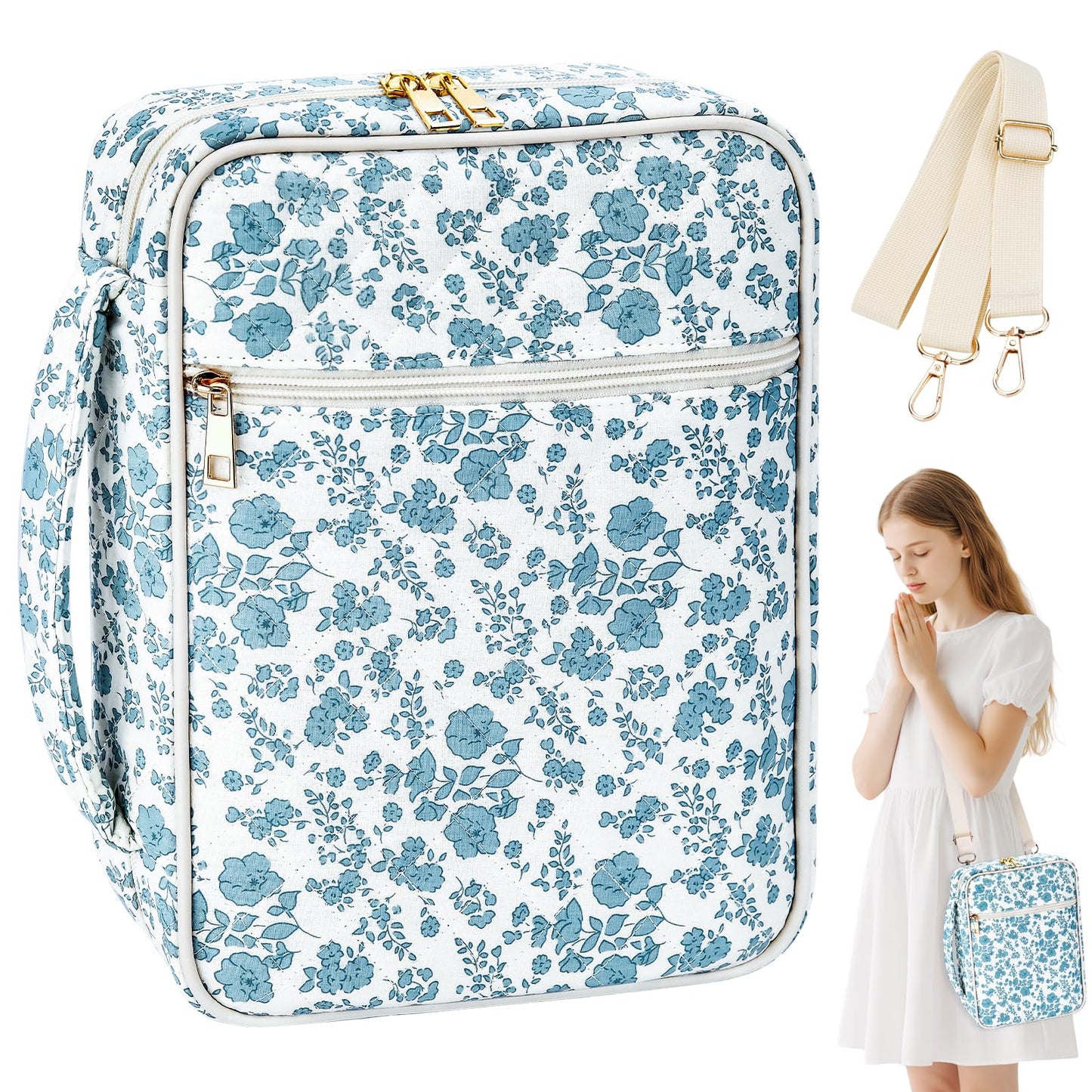 SelfTek Bible Cover Case for Women - Large Quilted Bible Cases for Woman Organizer with Handle & Shoulder Strap, Bible Study Supplies Accessories Christian Gifts (Blue)