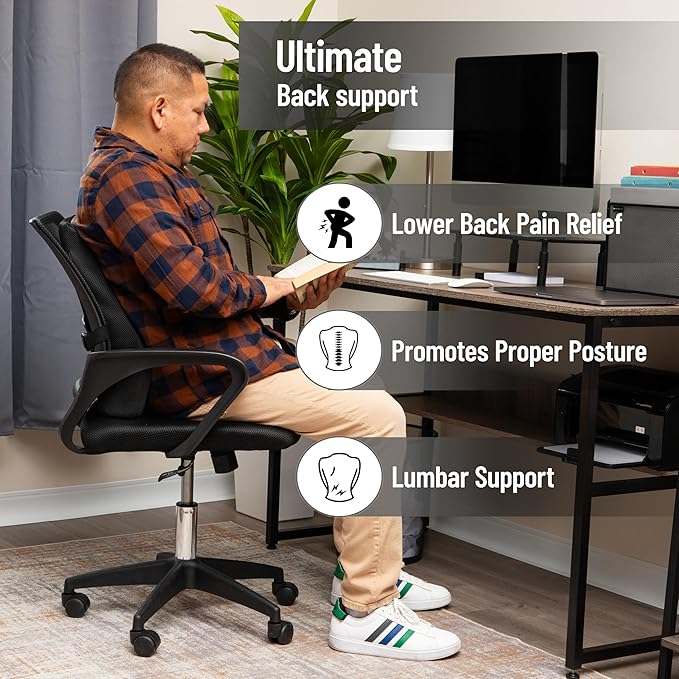 Mind Reader Lumbar Support Cushion for Office Chair and Car Seat, Memory Foam, Air-Cloud Technology, Back Pain Relief, Improves Posture, 14.5" L x 5" W x 18.5" H, Black