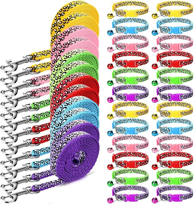 Amylove 48 Pcs Dog Collar and Leash Set, Fresh Color, Leopard Pattern