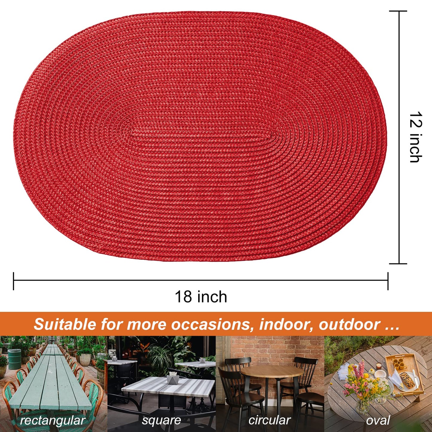 AHHFSMEI Placemats Set of 6 for Dining Table Washable Woven Non-Slip 18x12 inches Placemat Heat-Resistant Durable Table Mats for Dining Table Easy to Clean (Oval red, 6)