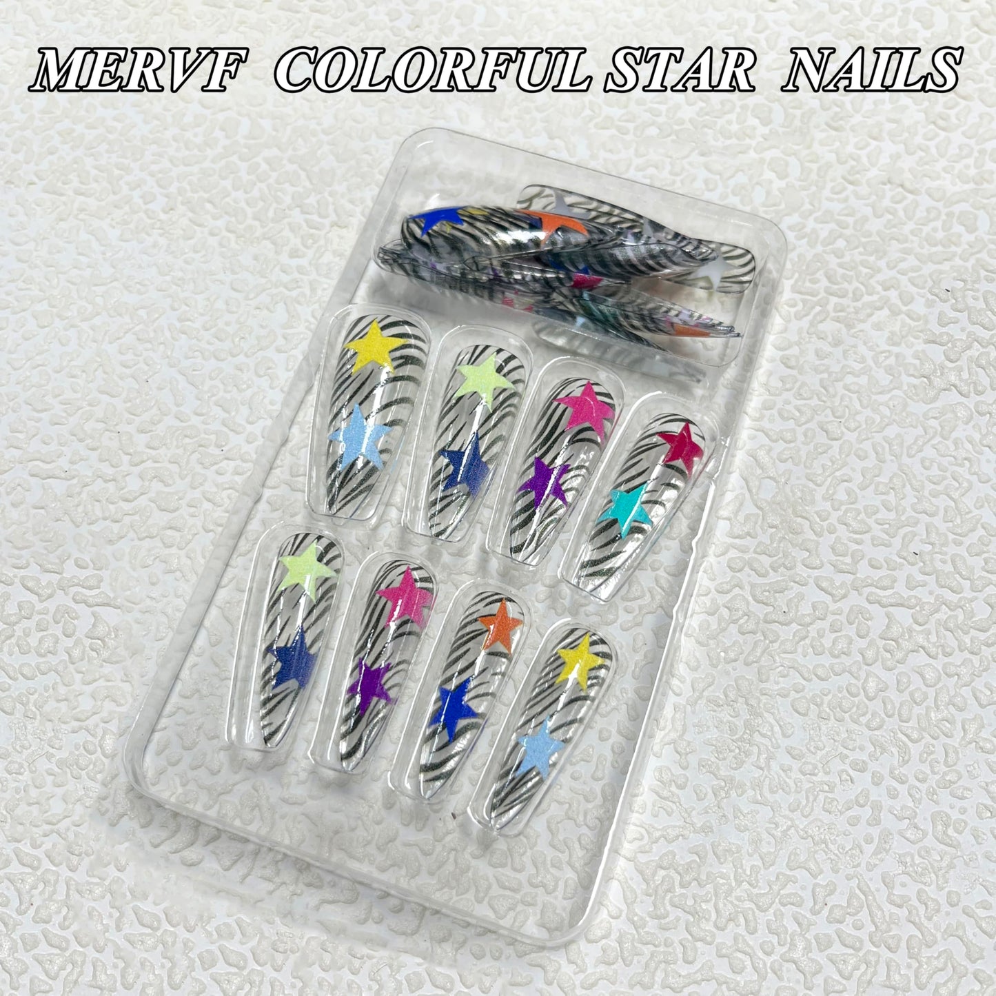 MERVF Long Stiletto Press on Nails - Colorful Star Fake Acrylic Nails, Tiger Animal Print Design Almond Summer 24pcs Glossy