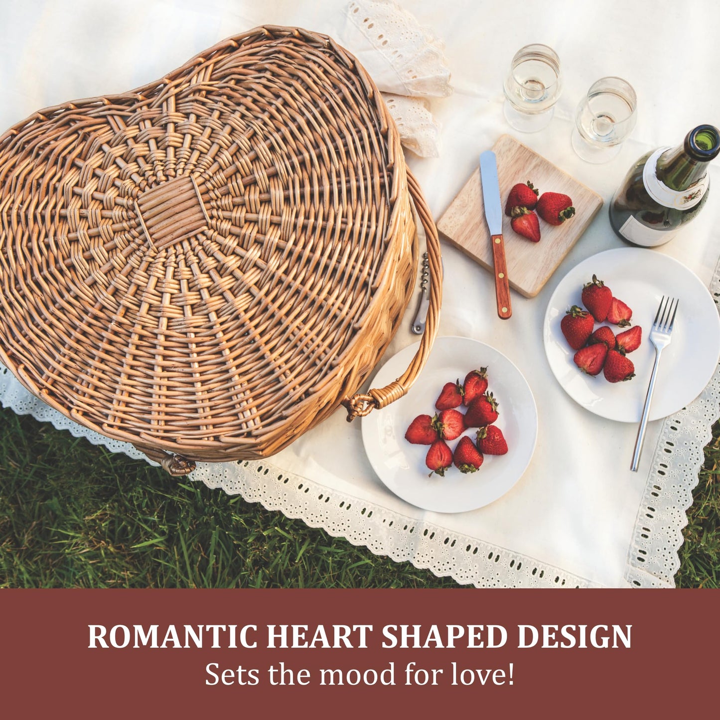 PICNIC TIME Heart Picnic Basket for 2, Wicker Basket with Handle, Complete Deluxe Service for Two, Handwoven and Sturdy Willow Constructed with Fully-lined interior and Accessories, (Antique White)