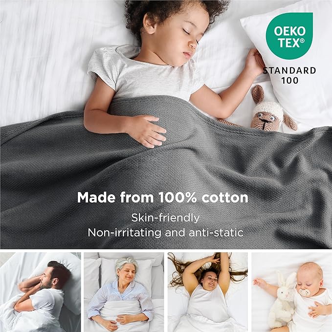 Bedsure 100% Cotton Blanket Queen Size for Bed - Breathable and Lightweight, Soft Cozy Textured Herringbone Woven Blanket for Summer Spring, Dark Grey, 90x90 inches