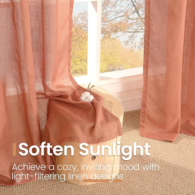 BGment Linen Semi Sheer 80 Inch Curtains for Living Room Windows, Terracotta Light Filtering Drapes with Rod Pocket for Bedroom Dining Burnt Orange Lightweight, 2 Panels Set, Each 52 Inch Wide