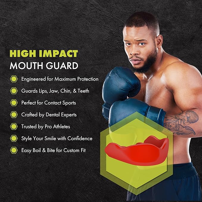 DAMAGE CONTROL High-Impact Mouth Guard – Sports Mouthguard for Boxing, Football, Hockey, Lacrosse & Basketball, Protects Teeth & Jaw, Protective Mouthpiece for Adults & Youth (Youth, Red)