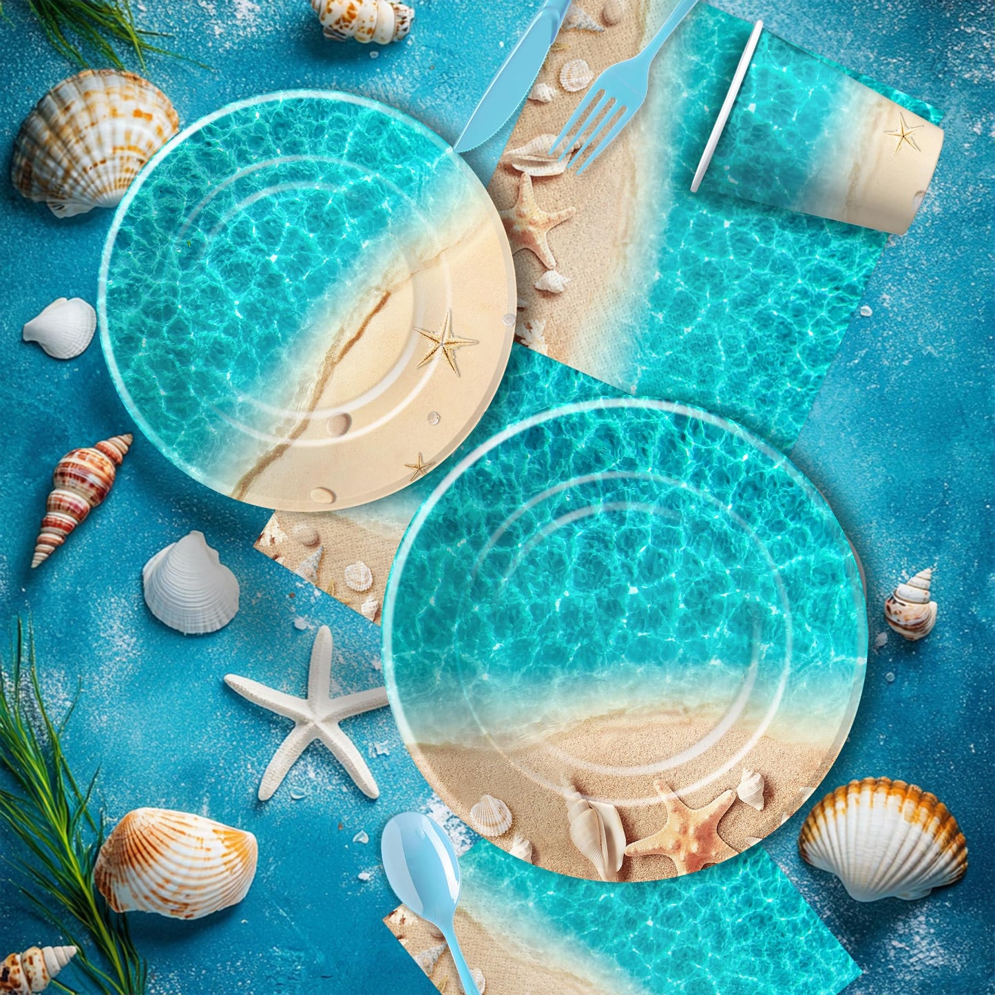 Srua Don Beach Party Decorations, Ocean Seashell Party Supplies, Plate, Cup, Napkin, Tablecloth, Cutlery, Banner, Ocean Beach Table Decorations For Birthday Baby Shower Wedding, Serves 24