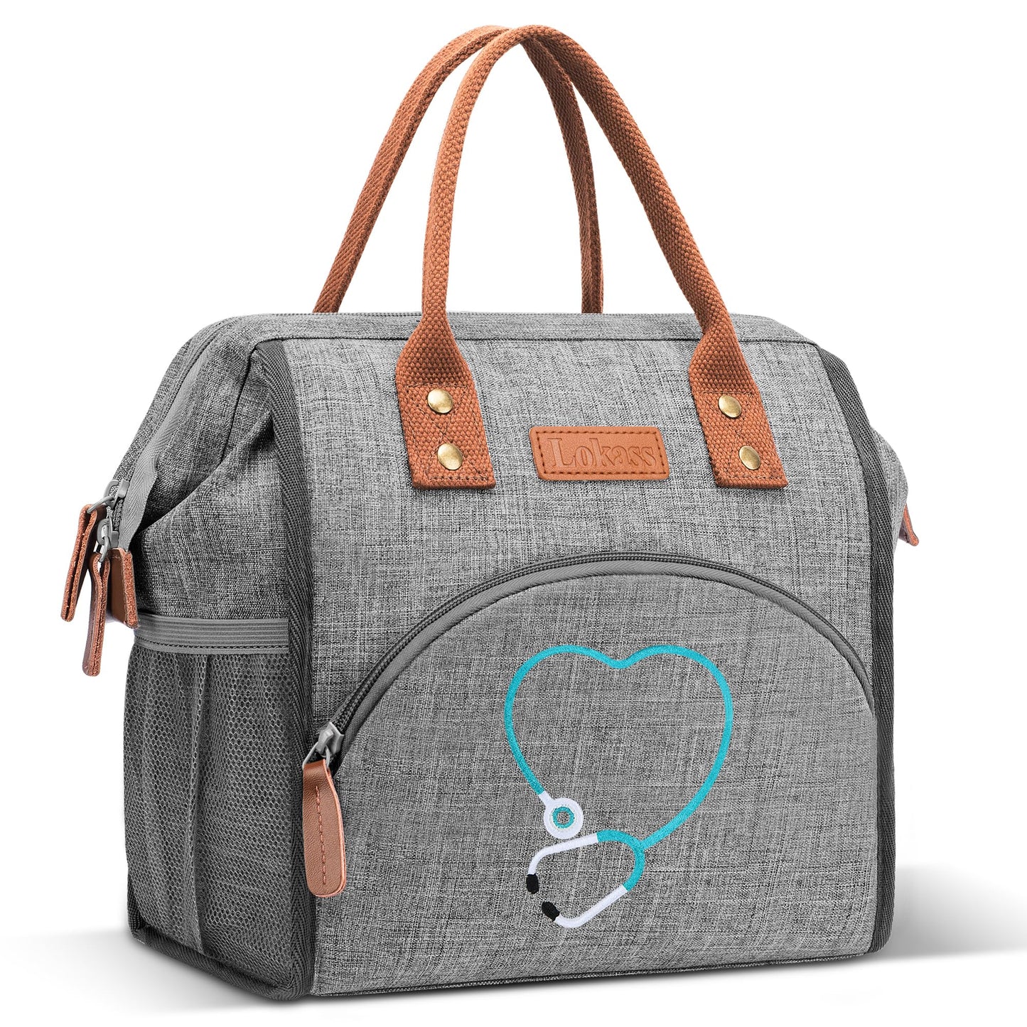 Srotek Nurse Gifts for Women - Embroidered Nurse Lunch Bag for Work, Large Capacity Wide-Open Lunch Box Insulated Reusable Lunch Tote Cooler Bag, Practical Nurse Accessories for Daily Use, Grey