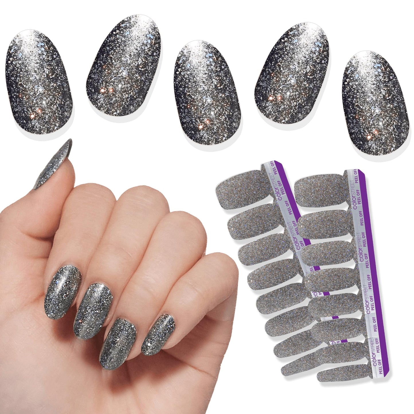 Color Street Light Year Holographic Nail Strips - Sparkling Gunmetal Grey Glitter, Glitter Finish, 16 Double-Ended Strips, Easy Peel & Apply, Salon-Quality Nails, Quick & Effortless Application.
