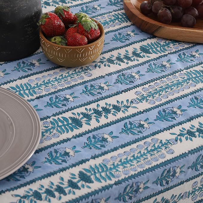 Labhanshi Blue Indian Handblock Print Floral Cotton Rectangle 72x135 Inch 10-Seater Dining Tablecloth|Fade-Resistant Spring Easter Picnic Outdoor Camping Festive Holiday Table Cover|Blue
