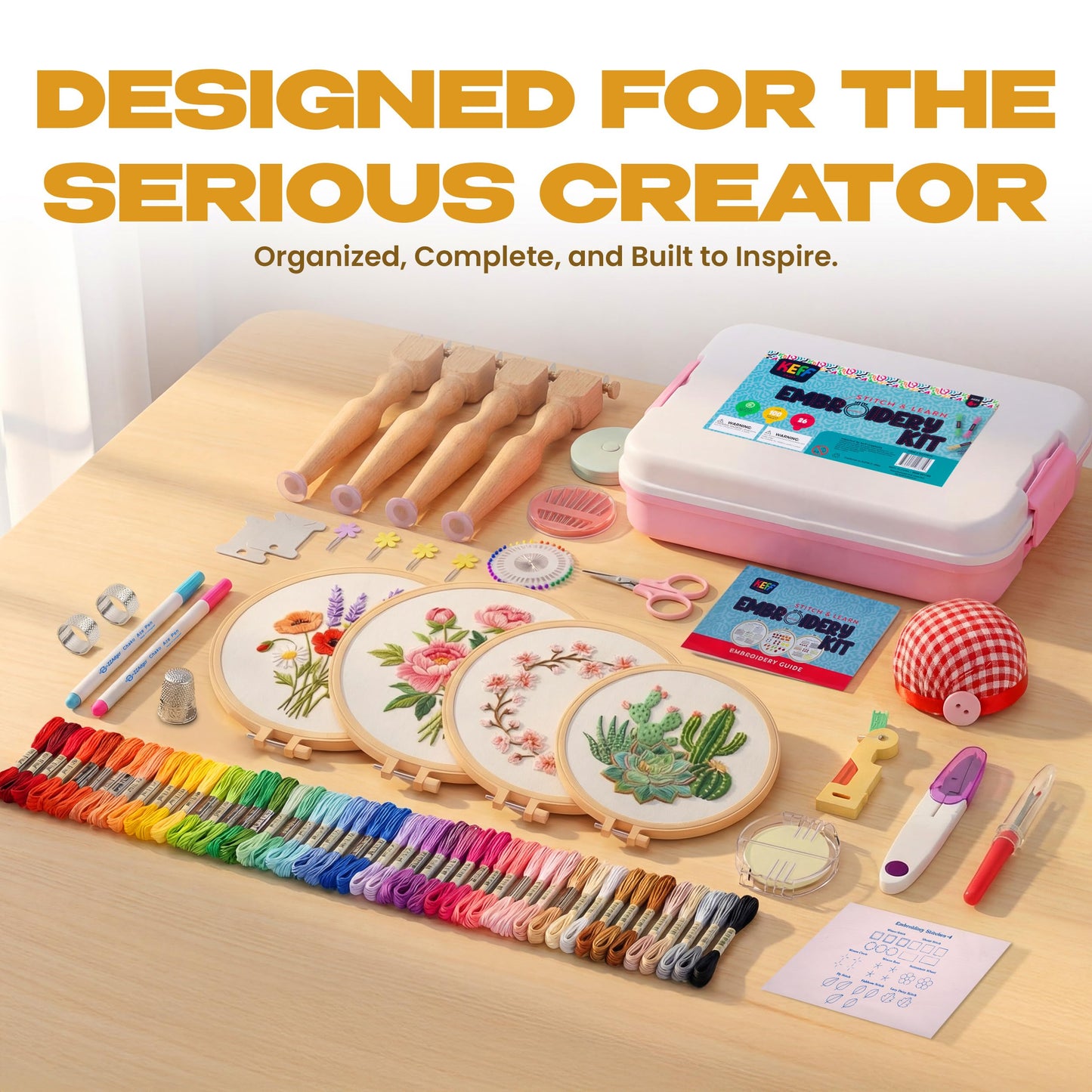 KEFF Craft Embroidery Kit for Beginners - 100 Embroidery Thread Colors, 4 Hoops, Scissors, Needles, Pins, Blank Fabrics & Tools – Cross Stitch Supplies, Cross Stitch Kits, Arts and Crafts for Adults