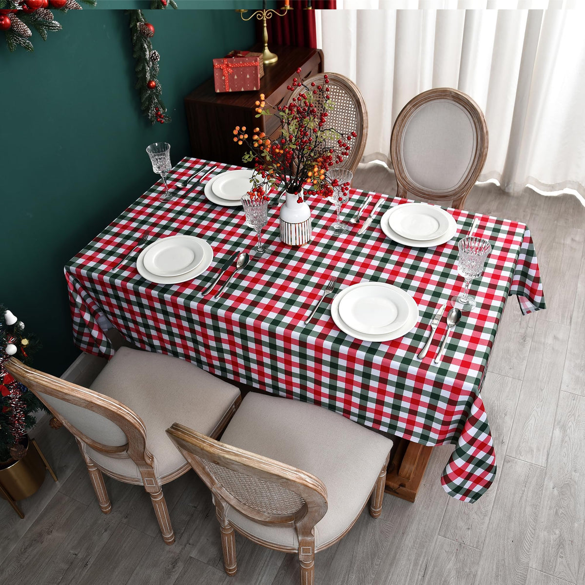 Red Waterproof Plaid Christmas Tablecloth Fabric
