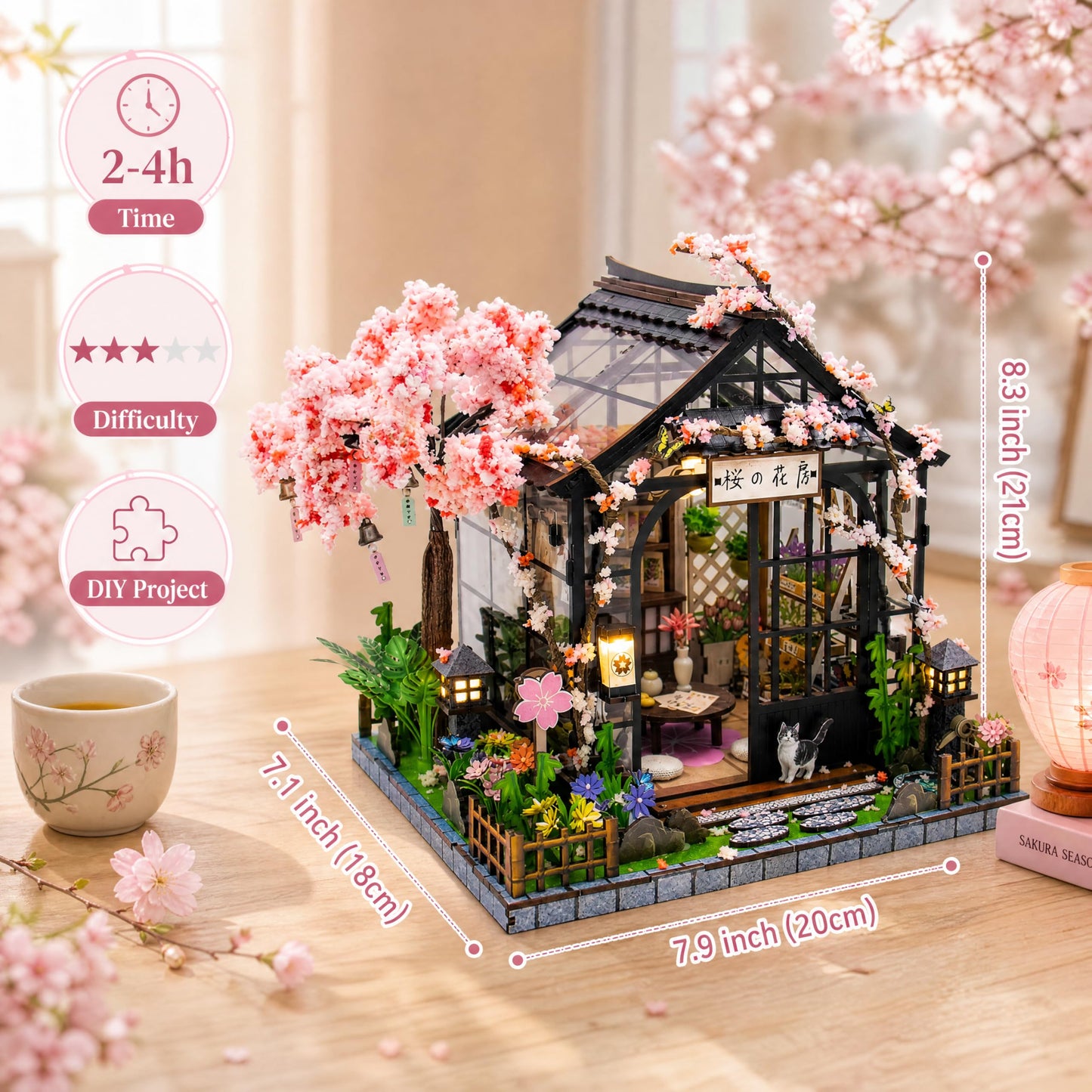 Soothee DIY Miniature House Kit, DIY Book Nook with LED Light | 3D Puzzles for Adults and Teens, Building Kits for Bookshelf Decor, Creative Gift for Craft Lovers | Sakura Greenhouse
