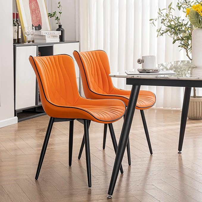 YOUTASTE Dining Chairs Set of 2, Mid Century Modern Upholstered Faux Leather Kitchen Room Chairs, with Black Metal Legs, Armless Accent Chair for Living Room, Bedroom, Vanity, Orange
