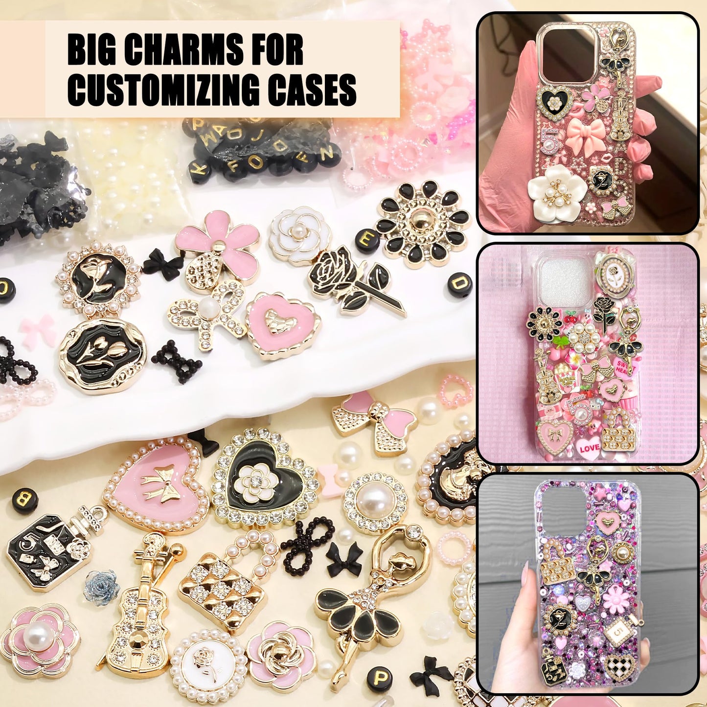 BELICEY Junk Case Charms Kit Gold Pink Flower Big Charm for Junk Cases 3D Vintage Bow Heart Rose Phone Case Charms Flatback Butterfly for DIY Personalization