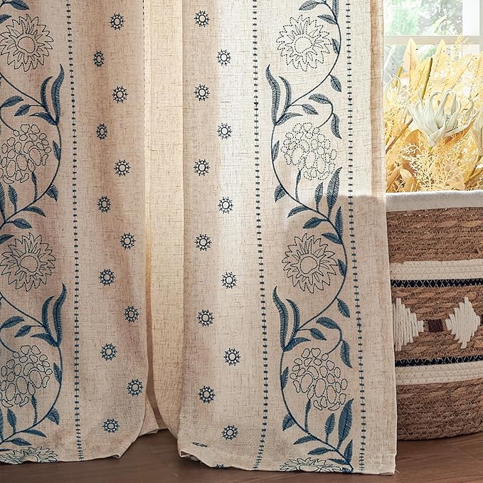 jinchan Winslow Lined Linen Curtains for Bedroom 84 Inches Linen Blended Embroidered Bordered Floral Curtains for Living Room Farmhouse Decor Window Treatments Blue on Beige Drapes 2 Panels