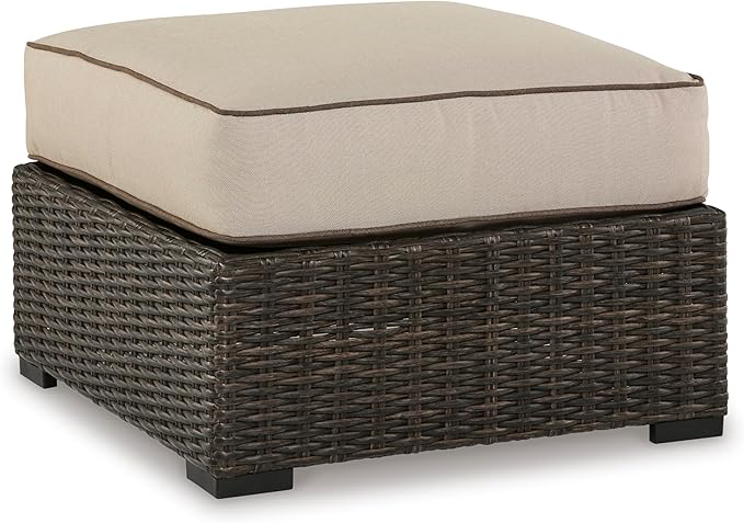 Signature Design by Ashley Coastline Bay Outdoor Patio Nuvella Weather Resistant Fabric, Resin Wicker Ottoman with Cushion, Beige & Dark Brown