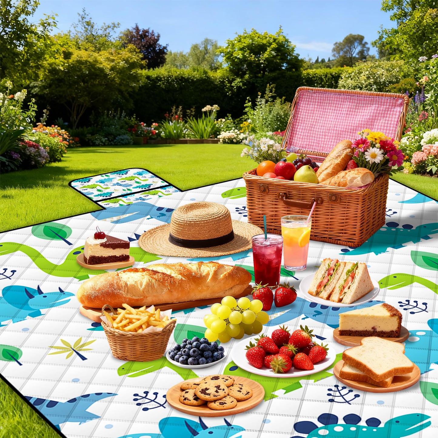 Extra Large Picnic Blanket Waterproof,80"x 80"Foldable Machine Washable Beach Blanket,Outdoor Blanket for 6-8 Adults,Picnic Mat Suitable for Indoor Crawling,Park Beach,Camping,Hiking,Travel(Dinosaur)