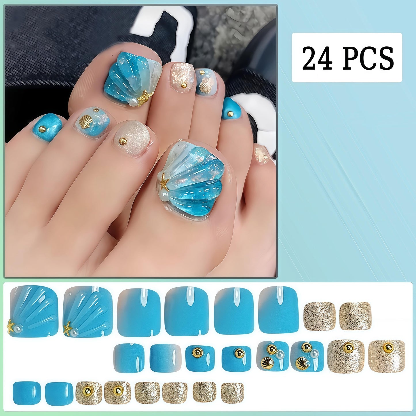 Ombre Blue Press on Toenails Short Square with Summer 3D Starfish Shells Gold Glitter Designs Full Cover Acrylic Beach Pearl False Toe Blue Gradient toenail Stick for Women 24Pcs