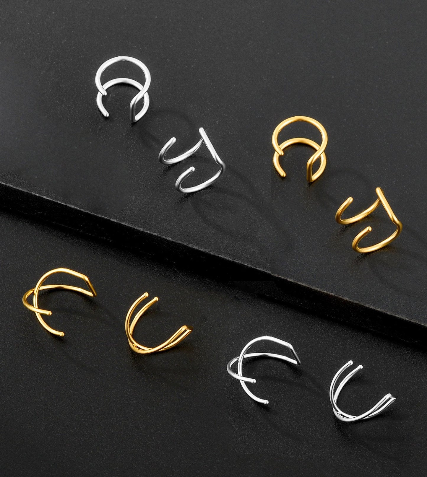Tornito 4-10 Pairs Stainless Steel Ear Cuff Helix Cartilage Clip On Wrap Earrings Fake Nose Ring Non-Piercing Adjustable (B2:4 Pairs, Silver&Gold Tone)