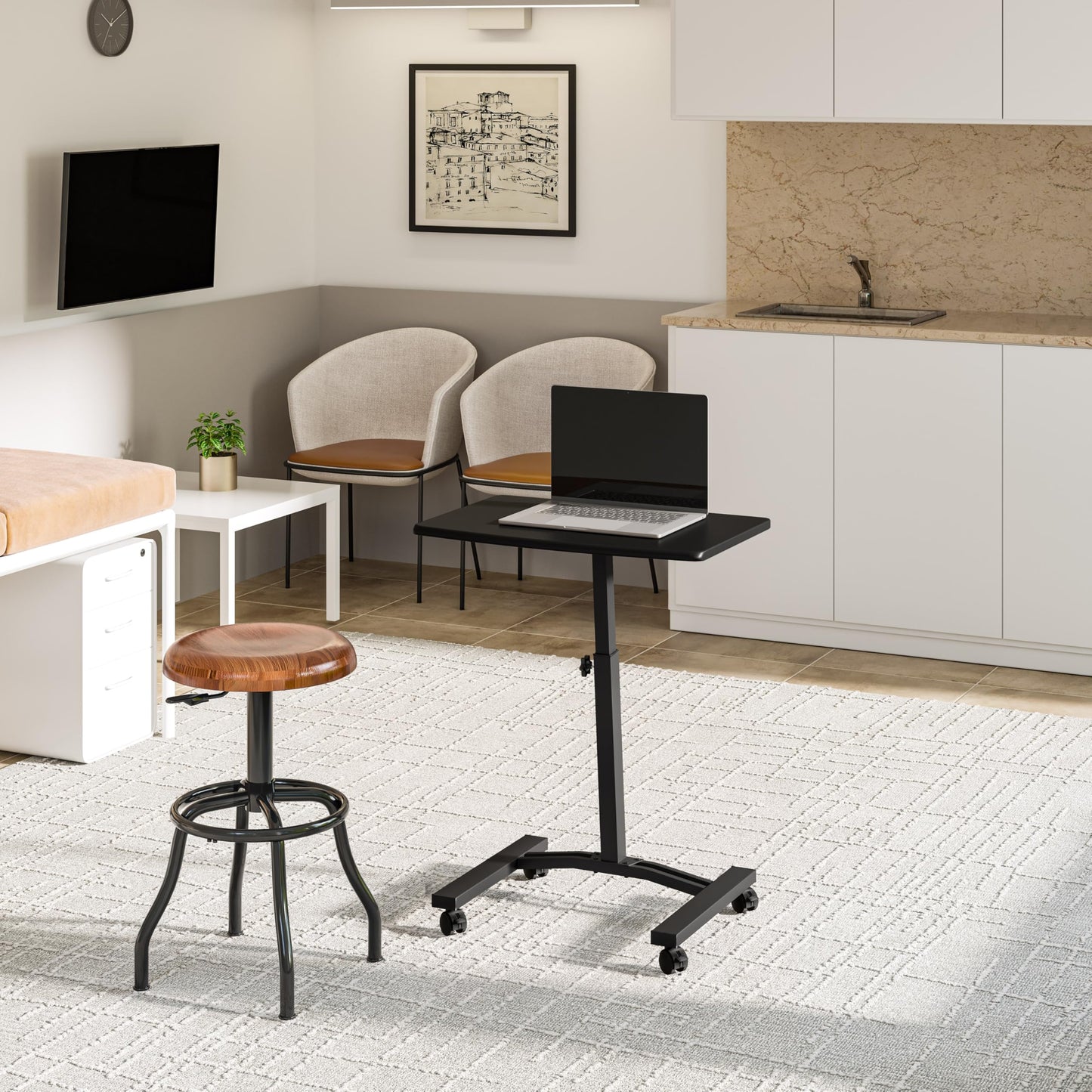 Seville Classics Airlift Mobile Height Adjustable Laptop Stand Computer Workstation for Sitting Classroom Home Office Medical Table w/Wheels, Flat Desk 24", Black
