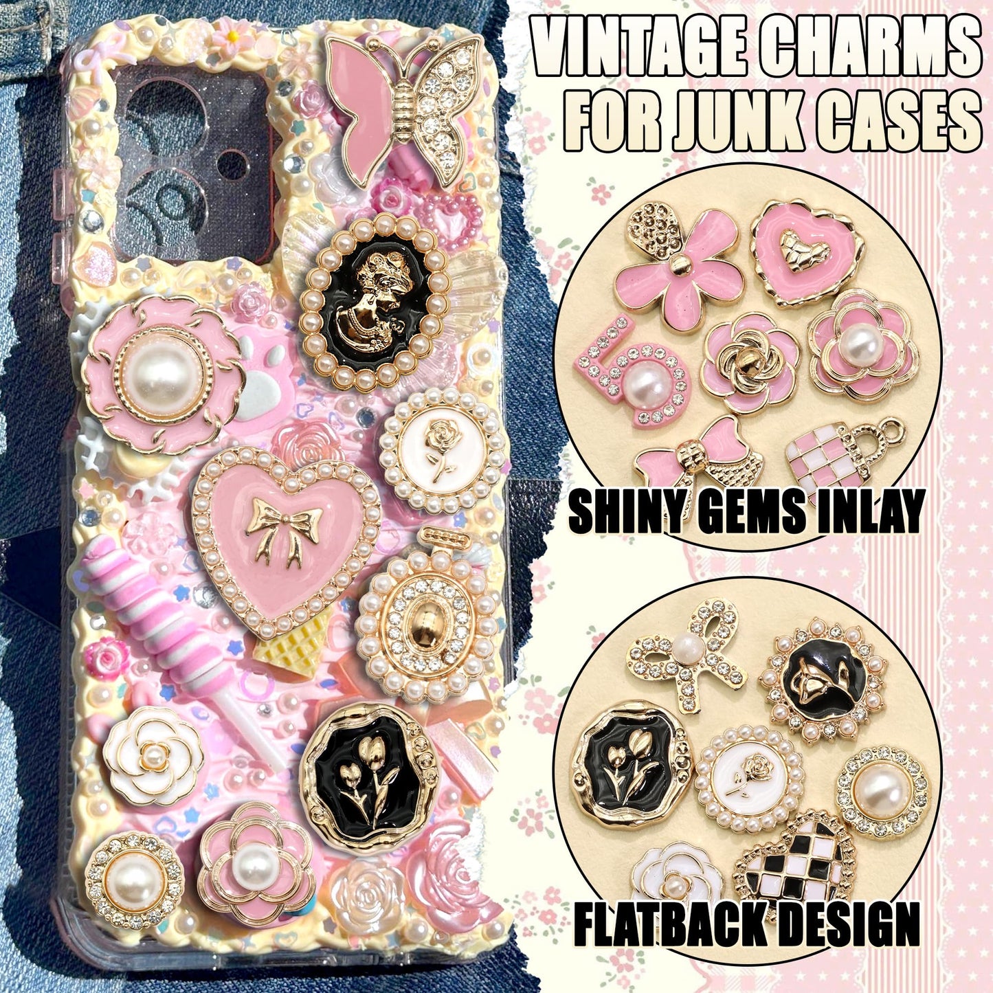 BELICEY Junk Case Charms Kit Gold Pink Flower Big Charm for Junk Cases 3D Vintage Bow Heart Rose Phone Case Charms Flatback Butterfly for DIY Personalization