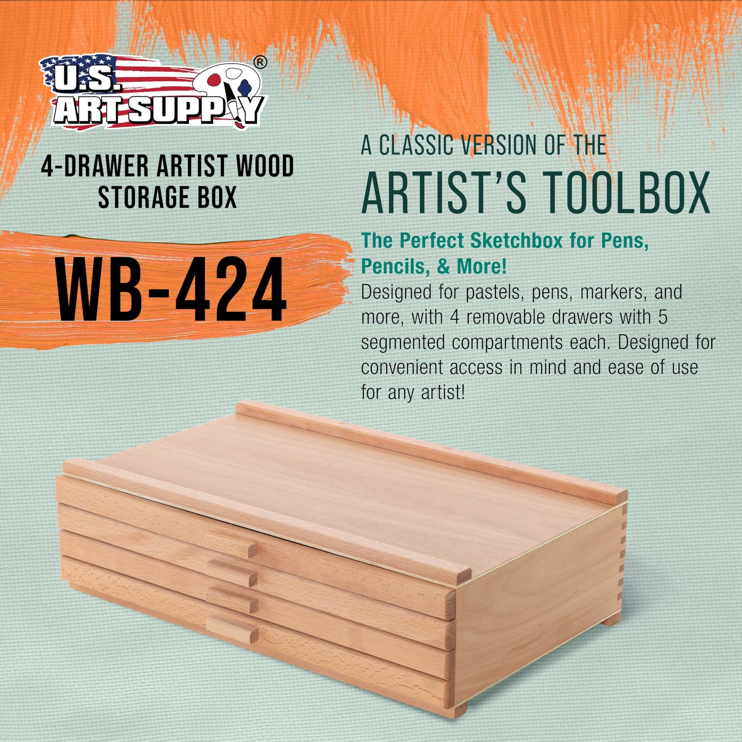U.S. Art Supply 4-Drawer Artist Tool Supply Box with 5 Compartments per Drawer - Hardwood Art Box for Artist Supplies, Brushes, Pencils, Erasers, Tool Storage Organizer Case