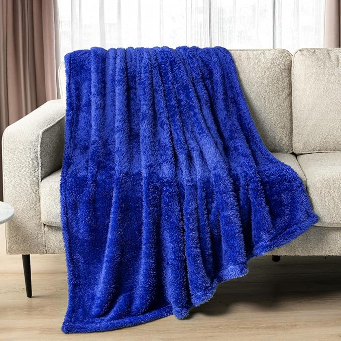PAVILIA Sherpa Throw Blanket for Couch Sofa, Blue Fluffy Warm Plush Blanket for Bed, Cozy Super Soft Lightweight Throw, Fuzzy Decorative Blanket, All Season Home, 50x60
