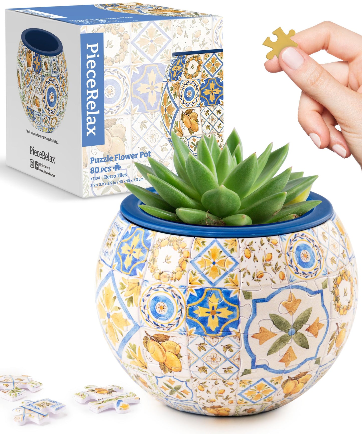 PieceRelax 3D Puzzle Planter - Retro Tiles - Danish Folklore Style, for Mom, Home Decor Flower Pots for Indoor Cactus, Succulents Pots [K1104]