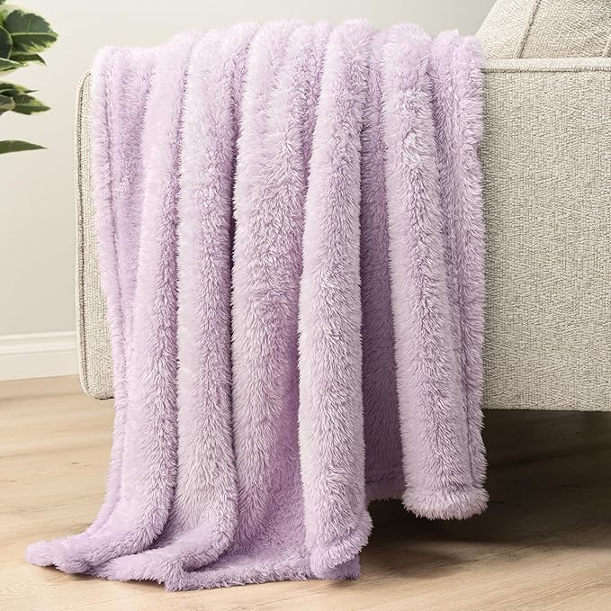 PAVILIA Sherpa Throw Blanket for Couch Sofa, Light Purple Lavender Fluffy Warm Plush Blanket for Twin Bed, Cozy Super Soft Lightweight Throw, Fuzzy Decorative Blanket, All Season Home, 60x80