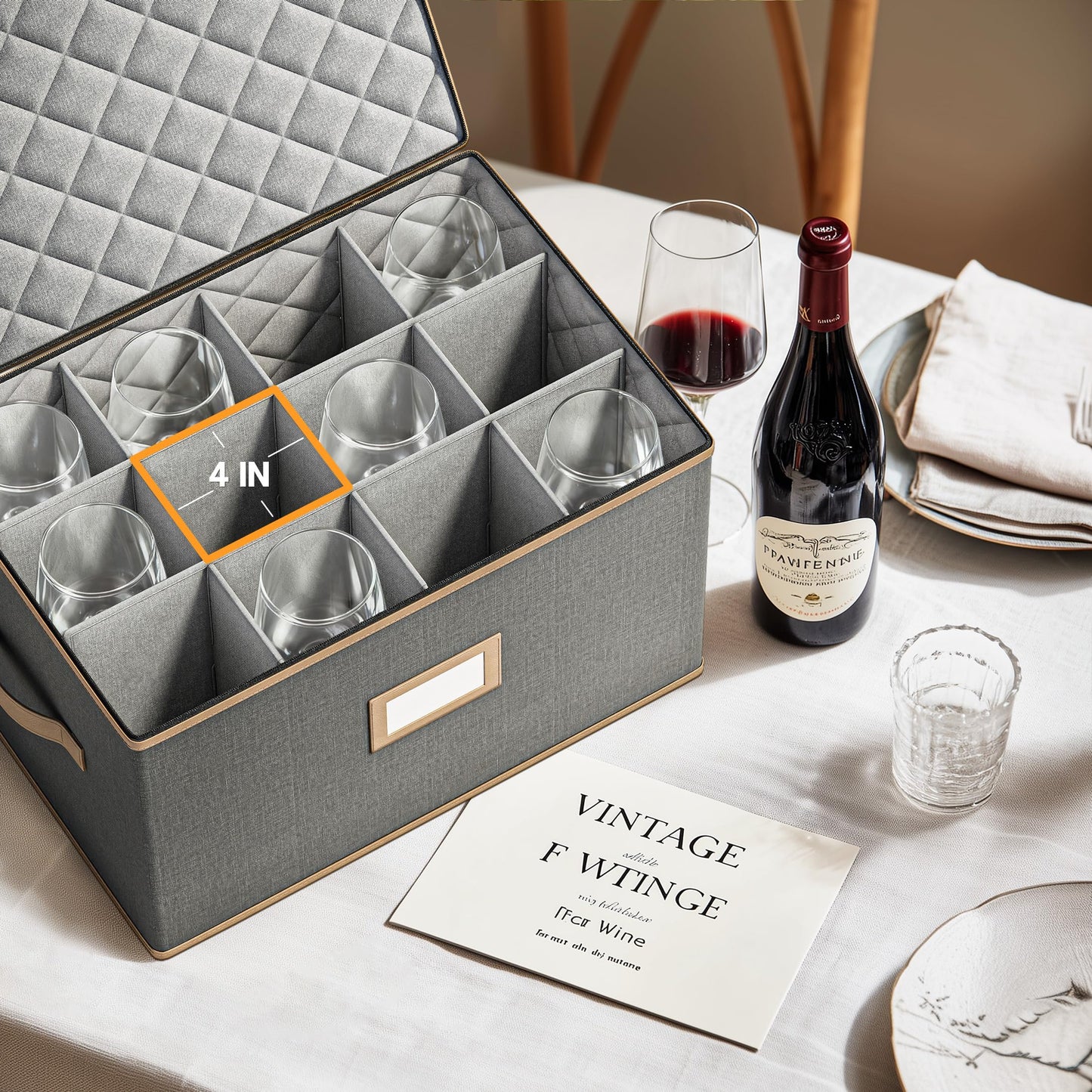 TomVista Wine Glass Storage Box with Dividers, Quilted Hard Shell Organizer for Stemware and Glassware Sets, Ideal for Storage and Moving Supplies, 1-Pack, Grey