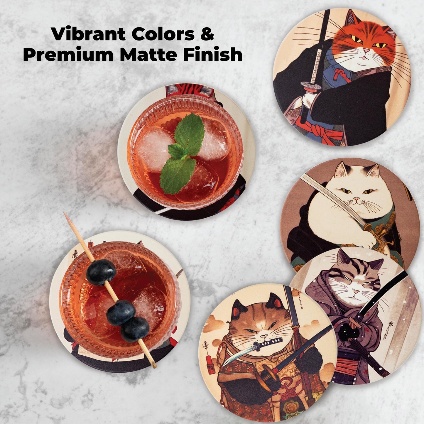 Gifts for Cat Lovers - Ninja Cat Coasters - Anime Cat Decor - Set of 6 Drink Coasters with Holder