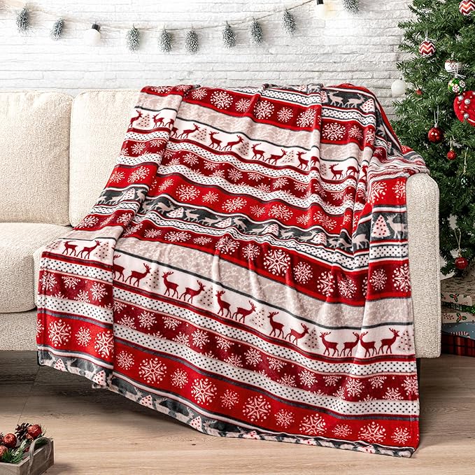 Pavilia Christmas Reindeer Snowflakes Fleece Throw Blanket | Soft, Plush, Warm Winter Cabin Throw, Twin 60x80 (Christmas Red)