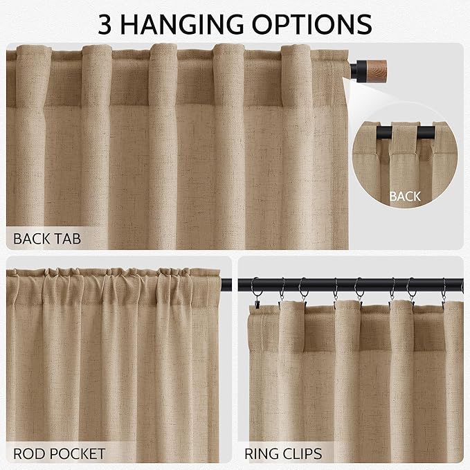 Sand Beige Linen Curtains for Living Room 126 Inches Long Simple Modern Light Filtering Semi Sheer Curtain Back Tab Rustic Home Decor Drapes Floor to Ceiling High Window for Bedroom 52x126, 2 Panels