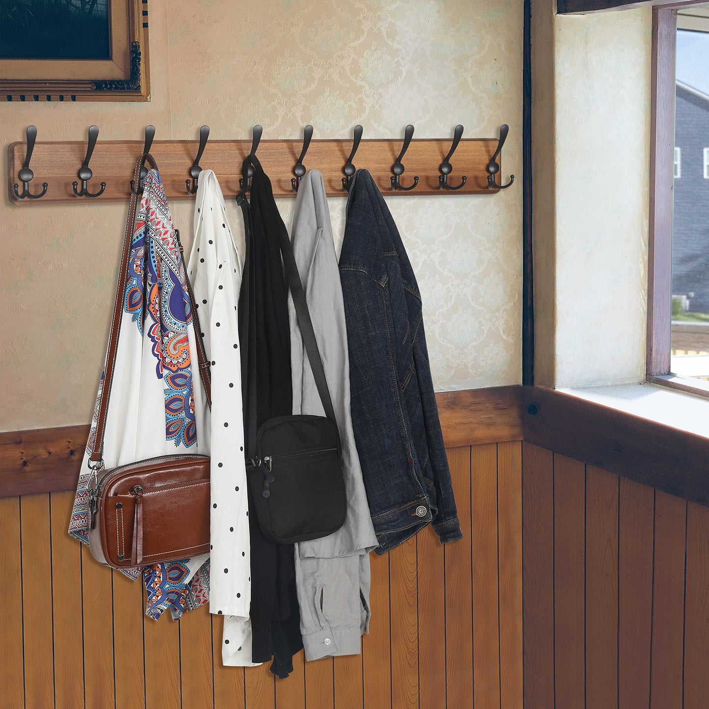 WEBI Coat Rack Wall Mount,38 9/16" Long,10 Hooks,Coat Hooks Wall Mounted,Coat Hanger Wall,Farmhouse Wood Hook Rack Rail,Triple Hooks for Hanging Coats,Clothes,Jacket,Brown