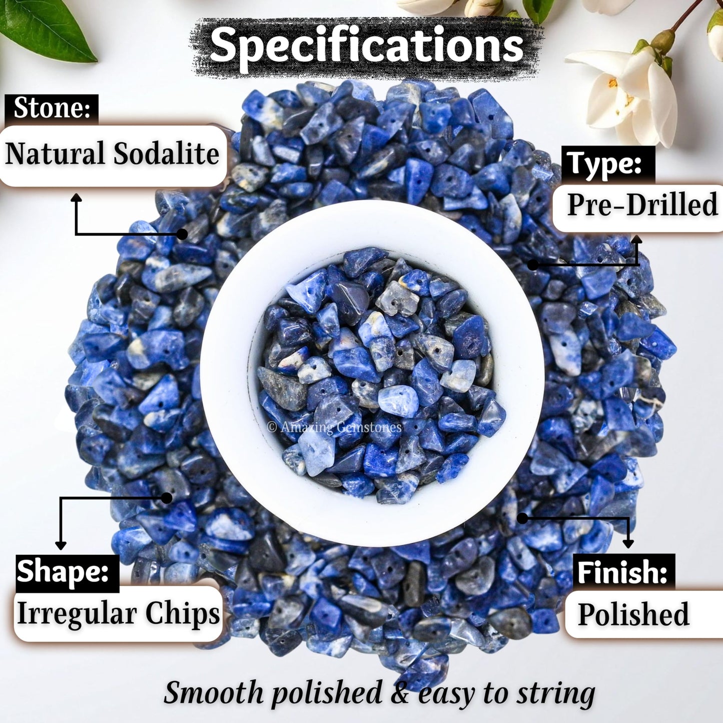 Sodalite Pre Drilled Crystal Crushed Chips Beads for Bracelets Making, DIY Handmade Natural Healing Crystals (25 Inch Strand)