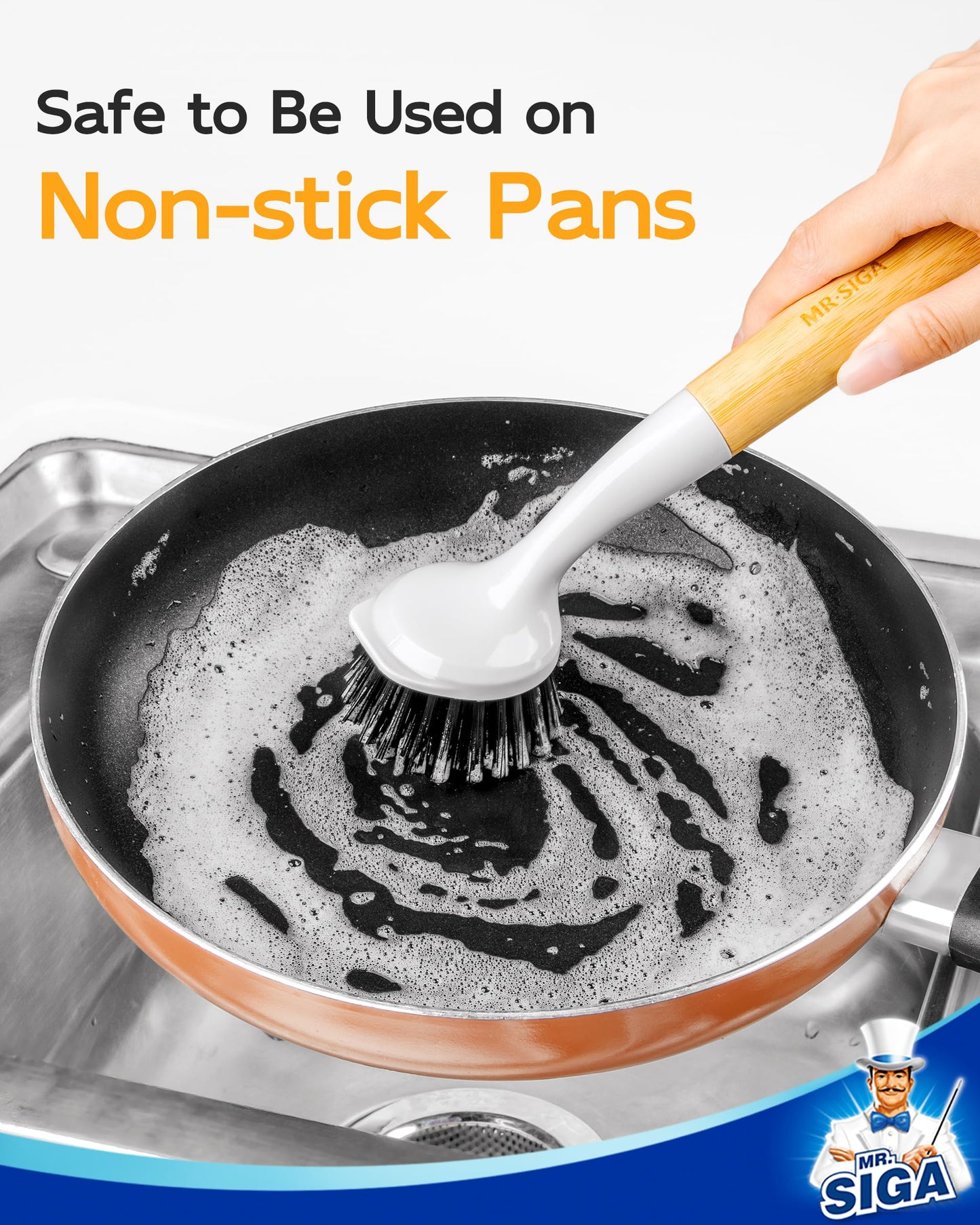 MR.SIGA Dish Brush with Handle, Dish Scrub Brush with Built-in Scraper, Bamboo Dish Brush for Pots and Pans, Kitchen Sink, 2 Pack