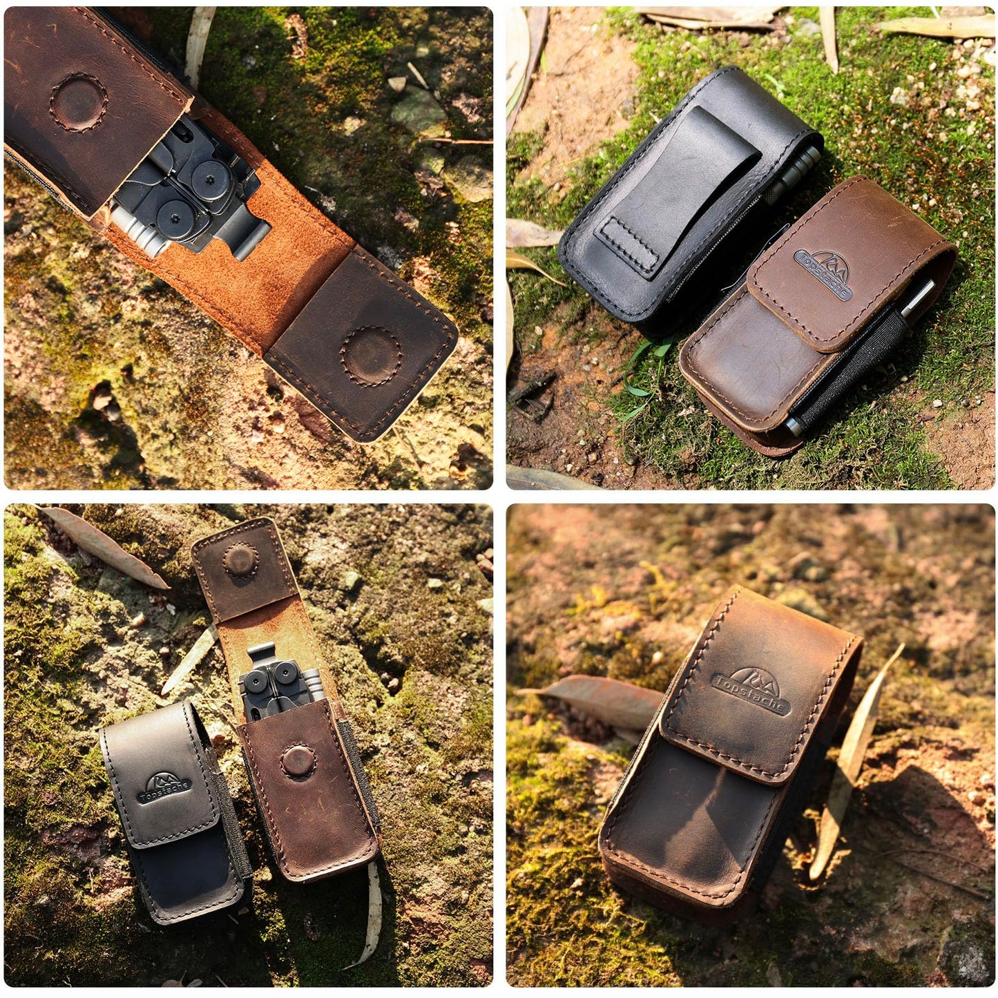 Topstache Leather Multitool Sheath for Belt - EDC Belt Organizer for Leatherman, Gerber - Magnetic Closure Multitool Holster Pouch Fits Folding Tool - Leather Multi Tool Case, M, Darkbrown