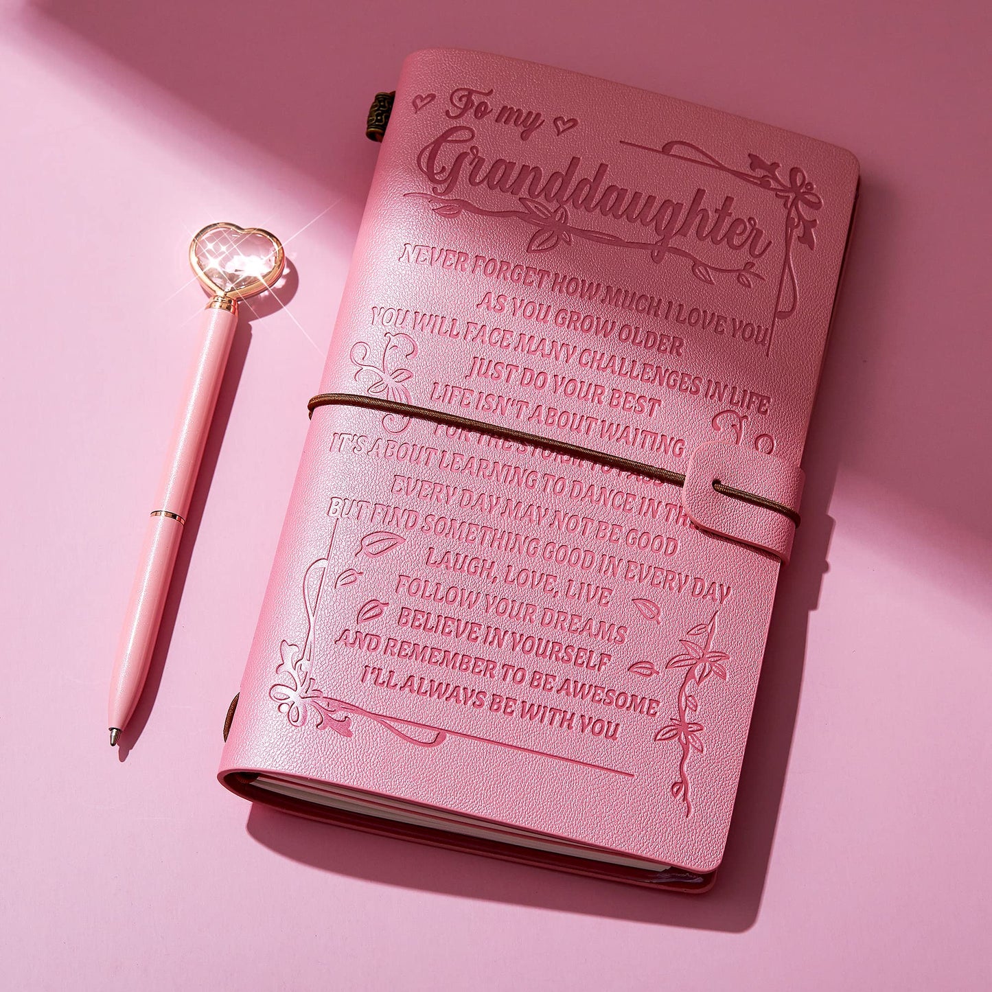 To My Granddaughter’s Gift Pink Leather Journal+Heart Diamond Pen Set ,Engraved Notebook Writing Journal,Refillable Notepads,Travel Diary Graduation Back to School,Christmas,Birthday Gifts for