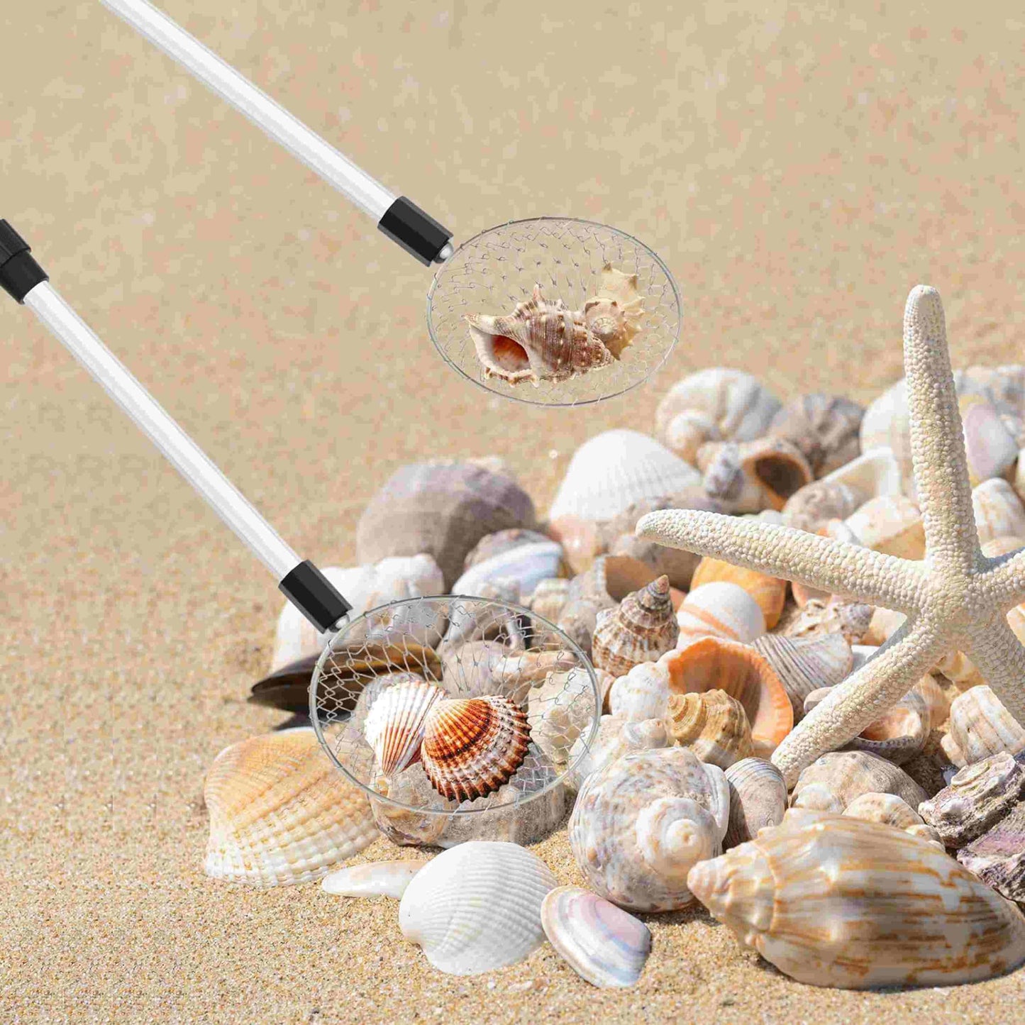 Hokoad 6Pcs Shelling Tools for Beach Include Beach Mesh Shovel, Sand Sifter with Extra Long Adjustable Handle and Mesh Beach Bag, Collecting Shells Beach Toys or Kids Girls Boys(6Pcs)