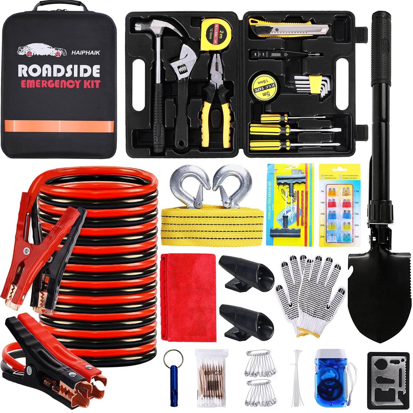 HAIPHAIK Car Emergency Roadside Kit - Roadside Assistance Emergency Kit, Car Emergency Kit with Jumper Cables, Safety Kits for Cars,Folding Shovel, Tow Rope,Car Tool Kit
